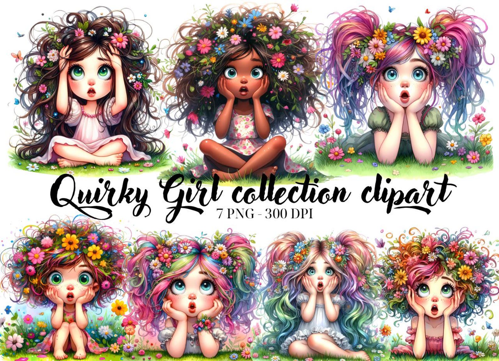 7 Quirky Girl Clipart, Commercial Use, Whimsical Ephemera, Watercolor ...