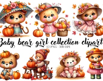 Autumn Baby Bear Girl Clipart: Fall Pumpkin PNG (Digital Download)