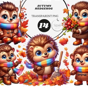 Clipart aquarelle hérisson d'automne - mignon animal de la forêt d'automne PNG pour décoration de chambre d'enfant, scrapbooking, autocollants, cartes, conception par sublimation