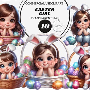 Easter cute girl clipart, watercolor spring girl clipart, png, cute girl, digital graphic, printable illustration, garden girl, rabbit ears