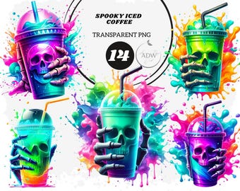 Spooky Iced Coffee Clipart – Halloween Skeleton Drink PNG