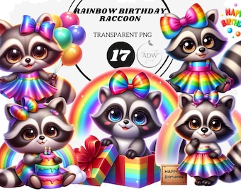 Rainbow Raccoon Clipart: Birthday Party PNG Images (Digital Download)