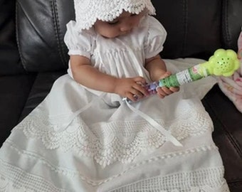 Ruthie gown, lace christening, lace baptism dress,baby blessing gown,handmade heirloom,baby girl lace gown,cotton lace,milk white linen gown