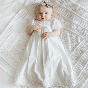 Allie linen gown, lace christening, white baptism gown, LDS blessing gown, Linen and lace, handmade heirloom, pleated linen gown, baby dress