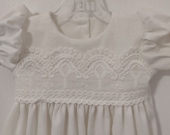 Darla lace gown,off white linen, christening gown,girls blessing gown,baby girl dress,embroidered lace,handmade heirloom,infant linen gown