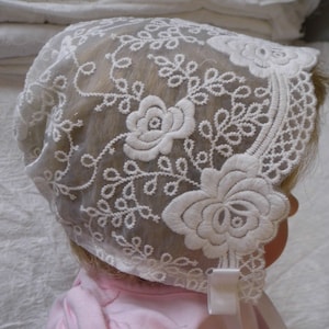 Mila bonnet, lace christening bonnet, baby girl bonnet, infant white baptism bonnet, white lace bonnet, christening bonnet, blessing bonnet