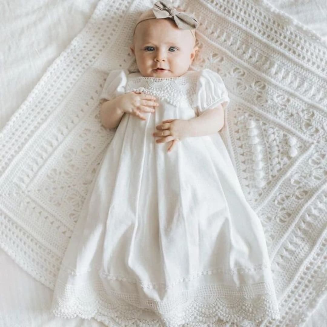 Allie Linen Gown Lace Christening White Baptism Gown LDS - Etsy