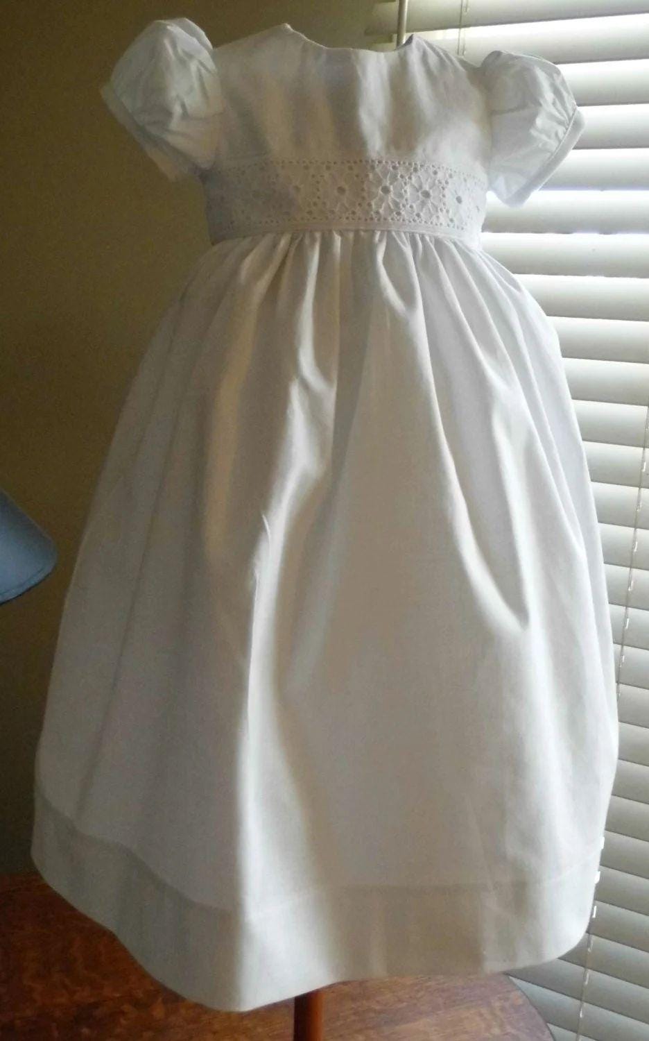 Dora Dress, Lace Christening, Baptism Baby Blessing Dress, Handmade Heirloom, Cotton Gown, Poplin Milk White
