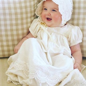 Roxy gown,lace christening, lace baptism dress, baby blessing gown,handmade heirloom, baby girl lace gown, Ivory lace gown,Ivory linen gown