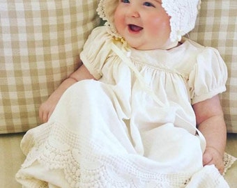 Roxy gown,lace christening, lace baptism dress, baby blessing gown,handmade heirloom, baby girl lace gown, Ivory lace gown,Ivory linen gown