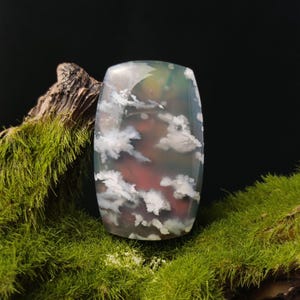 May include: A polished gemstone with a cloudy pattern. The stone features white, cloud-like inclusions against a backdrop of red, green, and gray hues. The rectangular stone is set against a backdrop of green moss and a dark background.