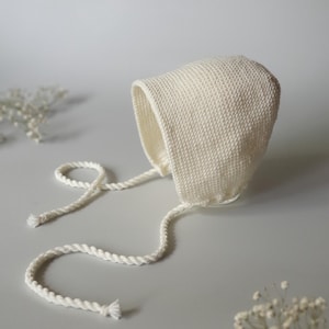 Hand-Knitted Newborn Baby Bonnet - hat from Oeko-Tex Merino wool yarn in off white color