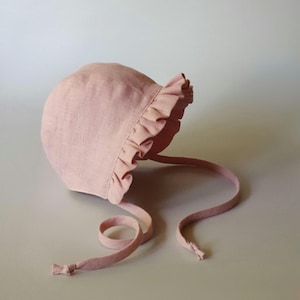 Baby Girl Sun Bonnet - Ruffle Bonnet handmade from Oeko Tex certified Linen in Dusty Rose color