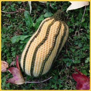 May include: A crocheted squash toy with a yellow and green striped pattern. The toy is lying on a bed of green grass and fall leaves.