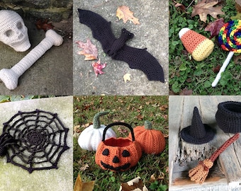 May include: A selection of handmade crochet Halloween decorations. Includes a skull, bone, bat, candy corn, lollipop, spider web with spider, pumpkin basket, pumpkins, witch hat, cauldron, and broom.