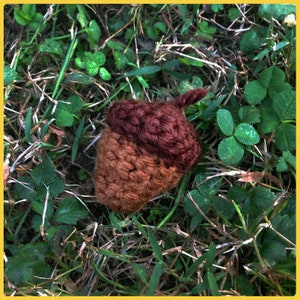 Puede incluir: Una bellota de ganchillo marrón y roja con un tallo, que yace sobre un lecho de hojas verdes y ramitas marrones.