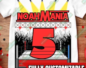 Wrestling Birthday Shirt, Custom Name Age Birthday Mania Tee, Kids Wrestling Party Shirt