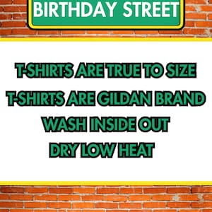 May include: Image features a green and yellow sign that reads "BIRTHDAY STREET" with the number "123" at the top. Below the sign, text states "T-SHIRTS ARE TRUE TO SIZE", "T-SHIRTS ARE GILDAN BRAND", "WASH INSIDE OUT", and "DRY LOW HEAT". The background is a brick wall.