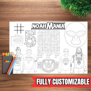 Custom Wrestling Coloring Placemat – Kids Wrestling Party Activity Placemat – Personalized Names Coloring Page – Digital Download