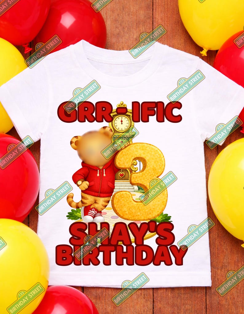 May include: White t-shirt with the text "GRR-IFIC" and "SHAY'S BIRTHDAY" in red. A cartoon bear wearing a red hoodie is featured next to a large number 3. Yellow and red balloons are in the background.
