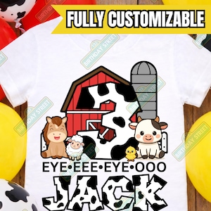 Custom Farm Third Birthday Tee - Three • Eye • Eee • Eye • Ooo - 3rd Birthday Shirt - Animal Birthday Shirt - Custom Name Shirt - Cow Shirt