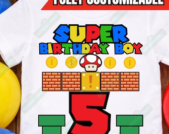 Custom Super Birthday Boy Tee - Video Game Shirt - Custom Name & Age Shirt - Vintage Game Shirt - Plumber Shirt - Boy Birthday Shirt