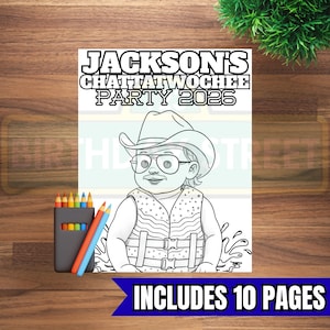Páginas para colorir de aniversário Chattatwochee – Desenhos para colorir com nome personalizado – Atividade de aniversário de 2 anos com tema country – 8 páginas – Download digital para impressão