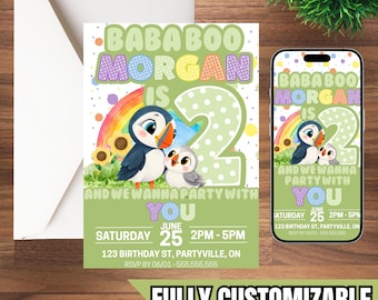 May include: A birthday invitation card and a smartphone screen displaying the same design featuring a large green number two, two puffins, a rainbow, and sunflowers. The text reads BABA BOO MORGAN IS 2 AND WE WANNA PARTY WITH YOU, JUNE 25, 2PM-5PM.