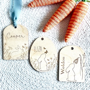 Custom Easter Basket Tag - Wooden Bunny Name Tag - Engraved Gift Tag - Custom Easter Place Setting - Floral Bunny Easter Tag - Kids Easter