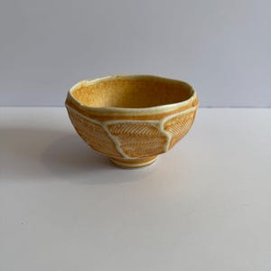 Pode incluir: Uma pequena tigela de cerâmica artesanal com um exterior texturizado e padronizado. A tigela apresenta uma paleta de cores quentes e terrosas com tons de bege e creme. O design inclui uma série de padrões de folhas estilizadas repetidas.