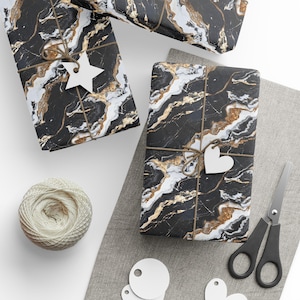 Marble Gift Wrapping Paper, Luxurious Gift Wrap, Elegant Present Decoration, Fancy Holiday Packaging, Black and Gold