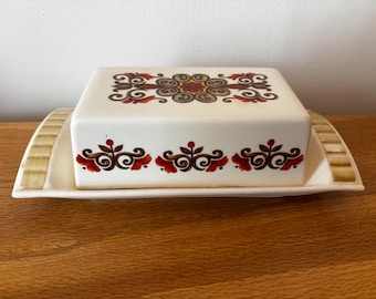 Mantequera estilo Hornsea vintage / Utensilios de cocina de cerámica retro de los años 70, con estampado floral de mediados de siglo.