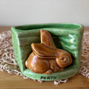 May include: A green ceramic planter featuring a sculpted brown rabbit attached to the front. The base of the planter is curved and includes the word PERTH printed in black lettering. The interior and exterior surfaces have a glossy finish.