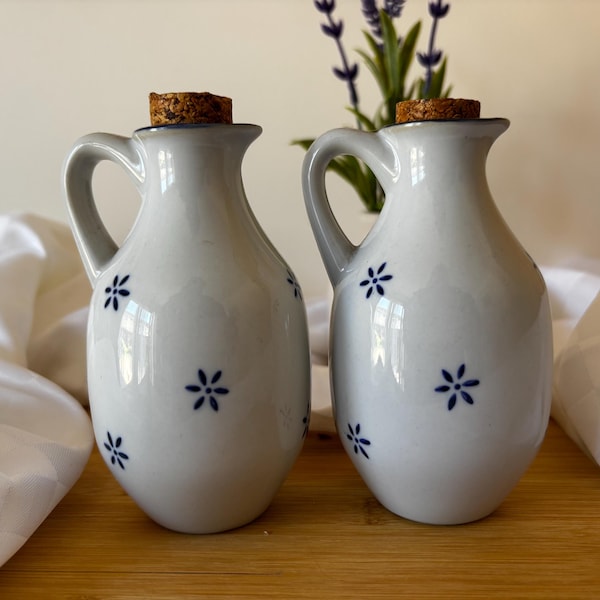 Vintage Ceramic Oil Vinegar Set | Blue Floral Cruet Bottles, Cork Stopper, Farmhouse Kitchen Decor