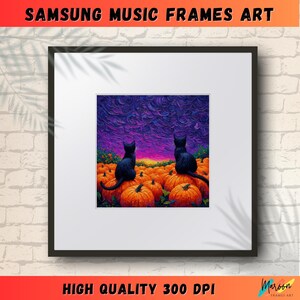 May include: Two black cats sitting on a pile of pumpkins against a purple and blue sky with clouds. The cats are facing each other and looking at the viewer. The pumpkins are orange and yellow.
