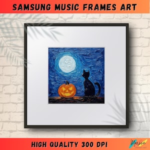 May include: A digital painting of a black cat looking up at a full moon with a jack-o'-lantern in the foreground. The painting is done in a painterly style with visible brushstrokes.