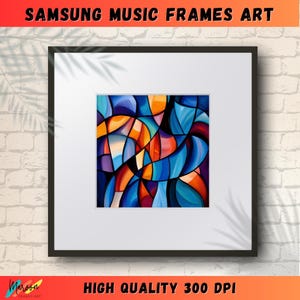 May include: Abstract art print with a colorful design of blue, orange, red, and yellow shapes. The print is framed in a black frame and is ready to hang on a wall.