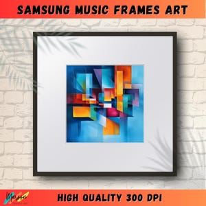 May include: Abstract geometric art print with a blue, orange, yellow, red, and green color scheme. The print is framed in a black frame.
