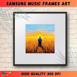 May include: A painting of a man in a blue shirt and straw hat standing in a field of wheat. The sky is a bright blue with white clouds and the sun is setting in the distance.