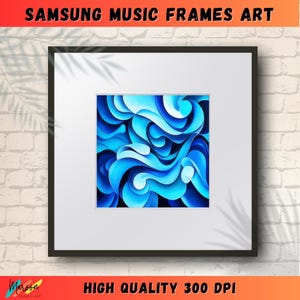 May include: Abstract digital art print featuring a blue and white swirling pattern. The print is framed in a black frame and has a white mat.