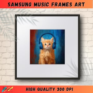 Puede incluir: Una pintura digital de un gato jengibre con auriculares azules sobre un fondo abstracto colorido. El gato mira directamente al espectador.