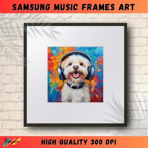 May include: A white dog with a happy expression wearing blue headphones against a colorful abstract background.