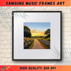 May include: A framed digital art print of a winding country road with a stone wall and yellow flowers on either side. The road leads to a distant sunset.
