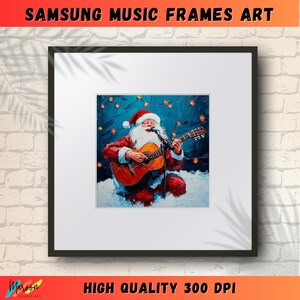 May include: A digital painting of Father Christmas playing a guitar. He is wearing a red suit with white trim and a white beard. The background is blue with white lights.