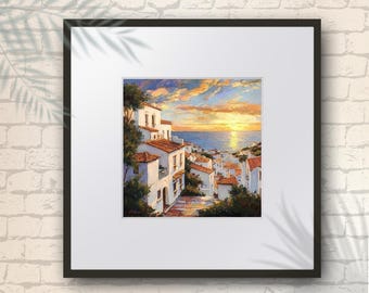 Samsung Music Frames Art | Vila costeira mediterrânea ao pôr do sol | Impressão digital para amantes da música | Capa de música | Moldura de música | Arte de parede
