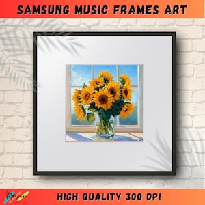 Könnte beinhalten: Ein Gemälde eines Straußes gelber Sonnenblumen in einer durchsichtigen Glasvase. Die Sonnenblumen sind in einer Vase auf einem Fensterbrett mit Blick auf einen strahlend blauen Himmel und weiße Wolken angeordnet.