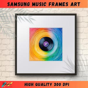 May include: A framed digital art print featuring a colourful abstract painting of a vinyl record. The record is black with a purple centre and is surrounded by concentric circles of yellow, orange, red, blue, and green.