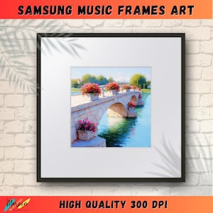 May include: A painting depicting a stone bridge with a flowing river beneath it. The bridge is adorned with lush greenery and pink flowers. The scene is painted in a realistic style with soft colours.
