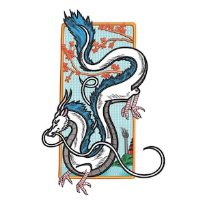 May include: Embroidered patch featuring a white dragon with blue accents, set against a light blue background with a stylized tree and pagoda. The dragon has a long, serpentine body and is outlined in black.