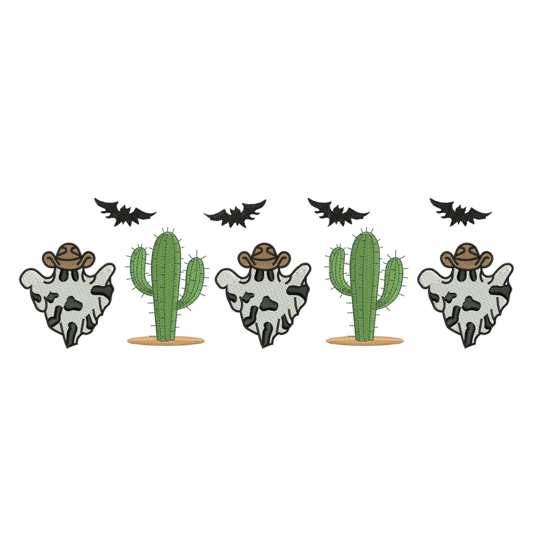 Halloween Cow Ghost Embroidery Design – Western Cactus & Bat Pattern ...